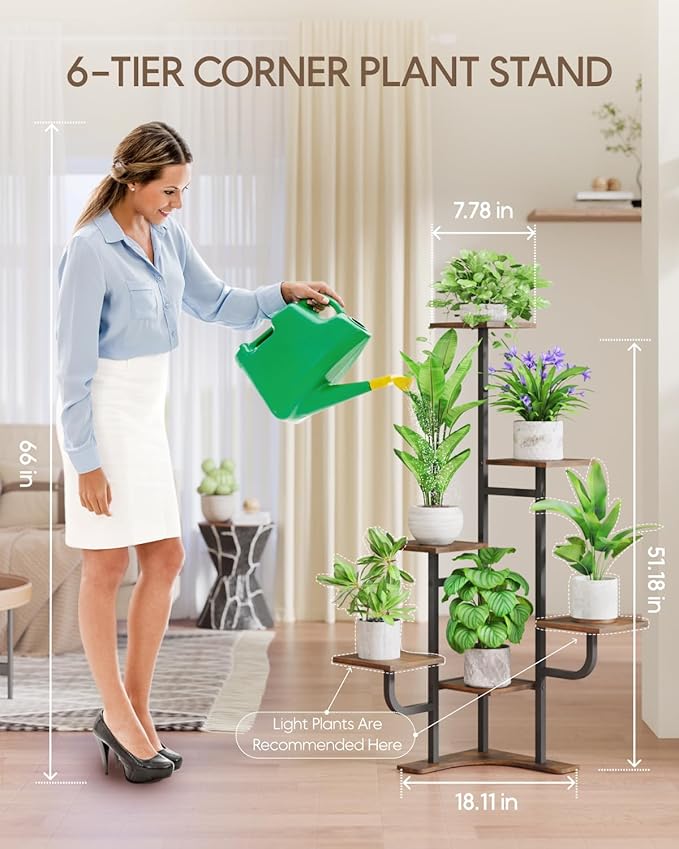 Homsorout Corner Plant Stand Indoor - 6 Tiered Indoor Plant Stand Square Metal Plant Shelf, Plant Organizer for Living Room, Graden, Balcony, Home Decor (Brown)