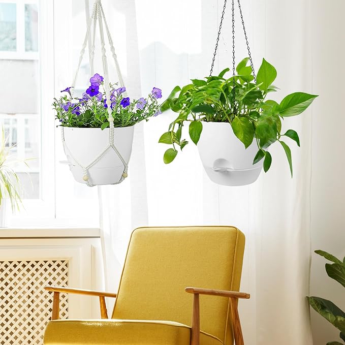 Meowell 10 inch Self Watering Hanging Planters, 2 Pack Hanging Flower Pots for Indoor Outdoor Plants, Hanging Baskets with Drainage Holes & 2 Kinds of Plant Hangers for Garden Home Decor, White