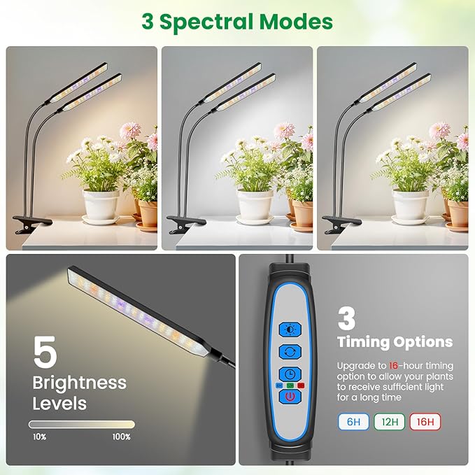 Aumtrly Grow Light Clip on 2 Pack, 228 LED Full Spectrum Plant Lights for Indoor Growing, 2 Head Black Arm Grow Lamp with Gooseneck, 6/12/16H Timer, 5 Dimming, 3 Light Mode