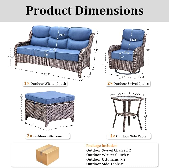 Luxury High Back Patio Furniture Set with 6-Inch Thick Cushions, 6-Pieces Outdoor Furniture with Swivel Chairs &Side Table, Wicker Conversation Set for Porch, Balcony, Deck and Yard, Brown/Blue