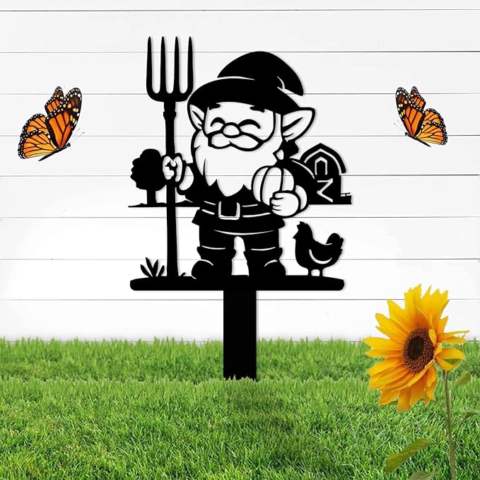 Magilab Personalized Iron Yard Stake - Christmas Cute Gnome Dwarves Decor, 8-Inch Black Metal Garden Sign for Outdoor (Style B)