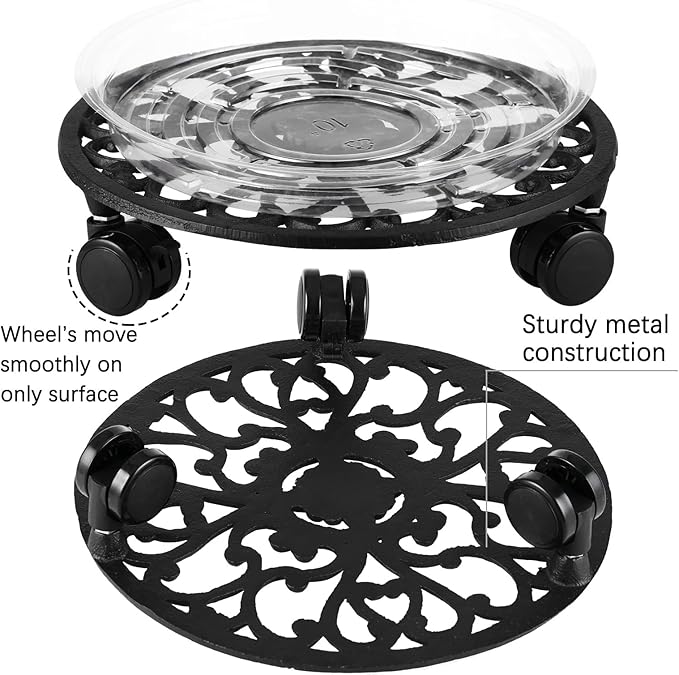 3 Packs 11 Inch Rolling Plant Stand with Wheels Wrought Iron Rolling Plant Stand with Casters Heavy Duty for Indoor Plants Rollers with Wheels Metal Round Plant Dolly