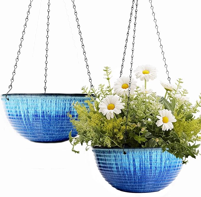 LESOASIS 10inch Hanging Planters for Indoor and Outdoor Plants, 2 Pack Hanging Planter with Drainage Hole, Round Hanging Flower Pots for Garden Home Decor (Blue Glaze)