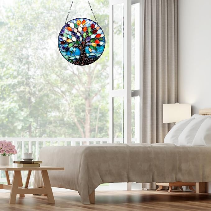 7.8″Tree of Life Stained Glass Window Hanging,Glass Panel Blue Suncatcher for Windows Hanging - Decoration for Home Garden Christmas Party Wedding Housewarming Gifts