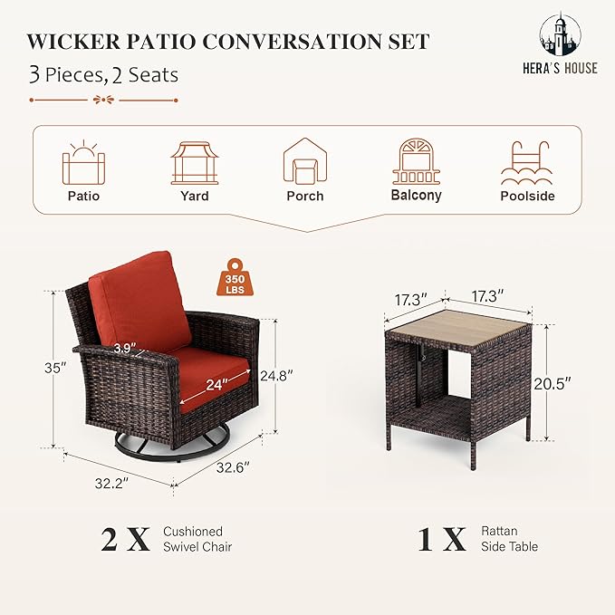 HERA'S HOUSE 3-Piece Outdoor Patio Furniture, High Back Swivel Chairs Set of 2 with Rattan Table, Brown Wicker Conversation Bistro Set with 5.5” Thick Cushion for Deck Porch Balcony Garden Lawn, Red