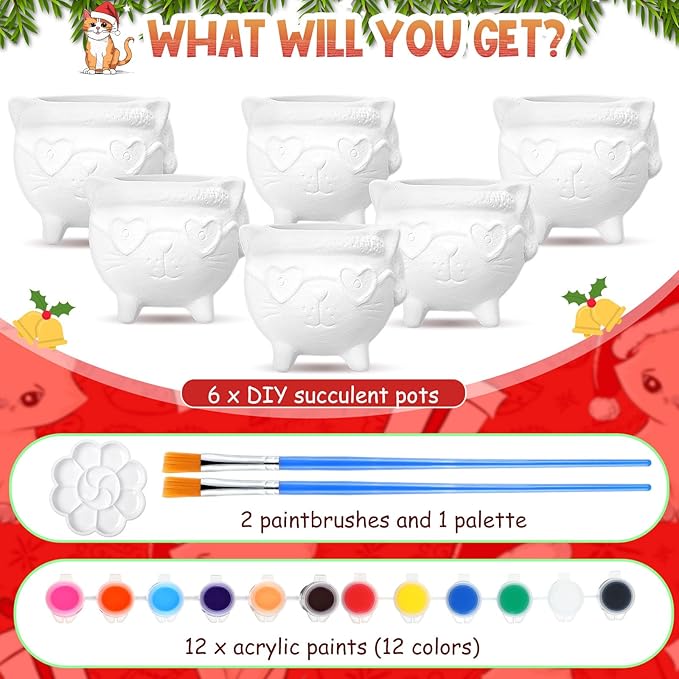 Pasimy 6 Set Ceramics to Paint DIY Ceramic Succulent Planter Pots Paint Your Own Flower Pots Craft Kit Unpainted Bisque Flowerpot with Brush Palette for Family Activity Holiday Gifts(Christmas Cat)