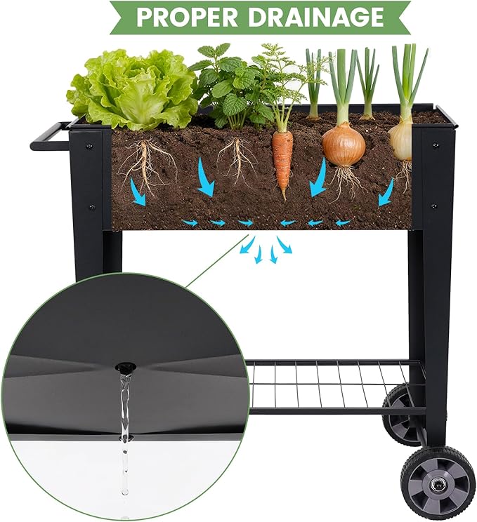 Elevated Raised Garden Bed with Legs- Galvanized Raised Beds for Gardening on Wheels, Anti-Rust Steel Planter Box with Storage Rack& Drain Hole for Backyard Patio Balcony (Black)