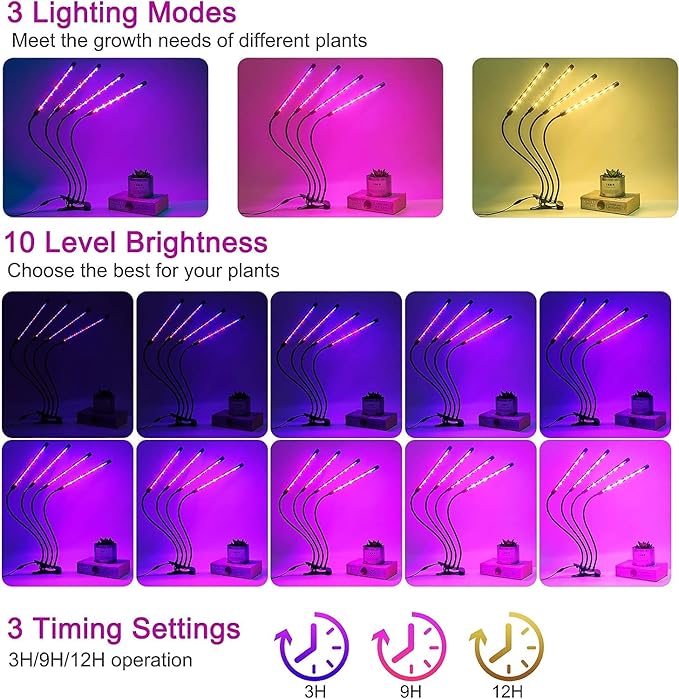 Grow Light for Indoor Plants -2 Packs Upgraded Version 80 LED Lamps with Full Spectrum & Red Blue Spectrum, 3/9/12H Timer, 10 Dimmable Level, Adjustable Gooseneck,3 Switch Modes (4 Heads 2Pack)