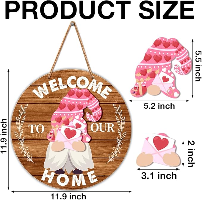 Interchangeable Gnome Welcome Sign Valentine's Day Door Wreath for Home, Gnomes Front Porch Decor Seasonal Wall Hanging Wood Wreath for Spring Summer Fall Winter All Seasons Holiday, Caramel