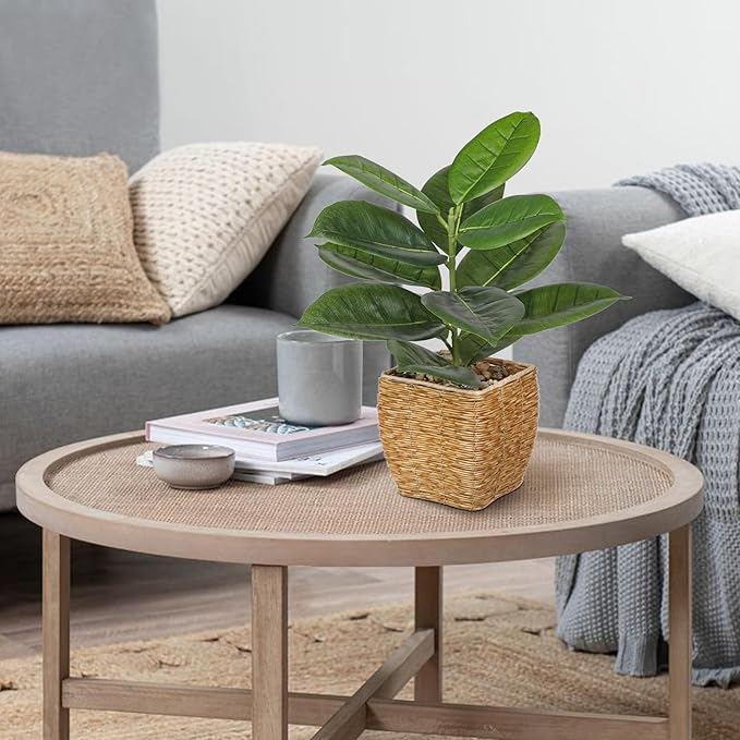 Briful Fake Plants Potted Oak Artificial Plants Indoor Realistic Greenery Faux Plants in Square Plastic Rattan Baskets for Home Decor Farmhouse Office Weddings
