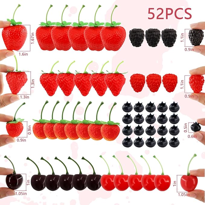 52 PCS Artificial Fake Fruit, Includes Fake Strawberries Fake Blueberries Fake Raspberries Fake Cherries, Reusable Waterproof Plastic Cake Dessert Party Home Kitchen Decoration, Photography Props