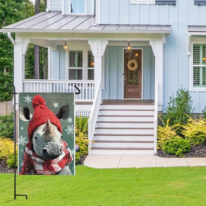 Rhino with Red Scarf and Hat Snowflake Christmas Garden Flag, 28x40 Inch Double Sided Linen Holiday Red Winter Farmhouse Yard Outdoor Decoration (4338)