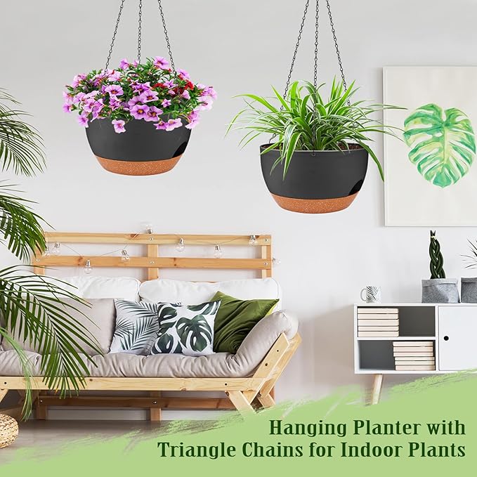 Lucieblessdesign Hanging Planters for Outdoor Indoor Plants, 2 Pack 10 Inch Hanging Basket Plants Outdoor, Self Watering Hanging Planter with Plant Hanger for Garden Home Decoration (Black, 10 inch)