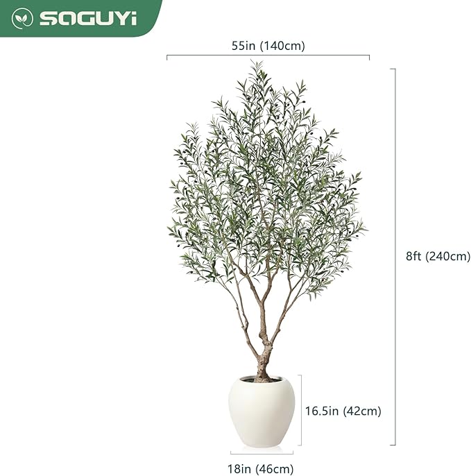 SOGUYI Olive Trees Artificial Indoor, 8 Feet Tall Faux Olive Tree with Round Artisan Planter, Premium Handmade, Realistic Trunk & Lifelike Leaves, Perfect for Large Spaces & Elegant Home/Office Decor