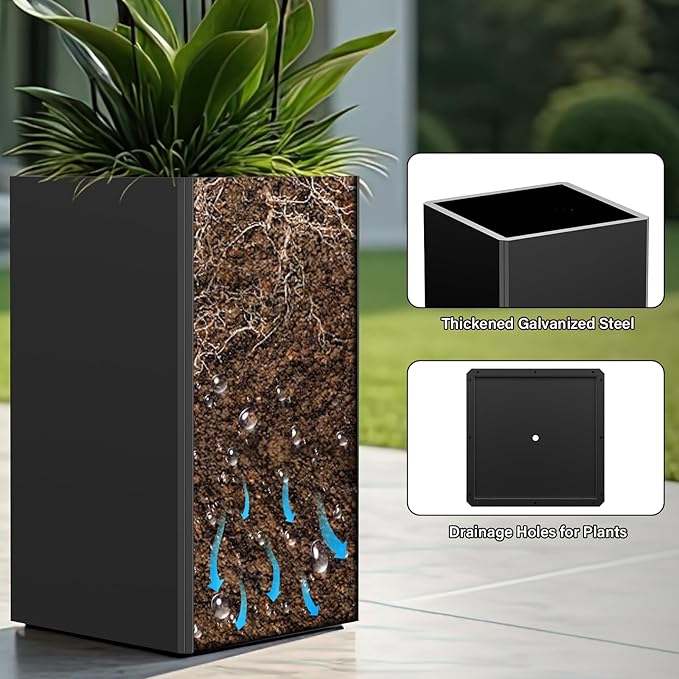Gabviem 24" Tall Planter for Outdoor Plants, Modern Large Outdoor Galvanized Steel Flower Pots, Front Porch Decor, Garden Pots, Black Planters for Indoor/Outdoor, Patio, Balcony