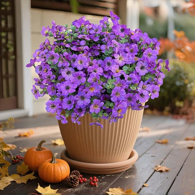 XccJLYB Artificial Flowers Outdoor UV Resistant Fake Plants, 12 Bundles Silk Daisy in Pots for Porch Patio Garden, Faux Potted Home Decor for Outside (Purple)