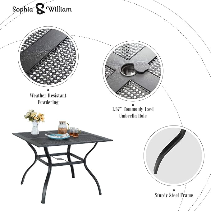 Sophia & William Metal Outdoor Dining Table, Square Mesh Patio Table with 1.57" Umbrella Hole, Coffee Bistro Table for Garden Lawn, 37"x 37"