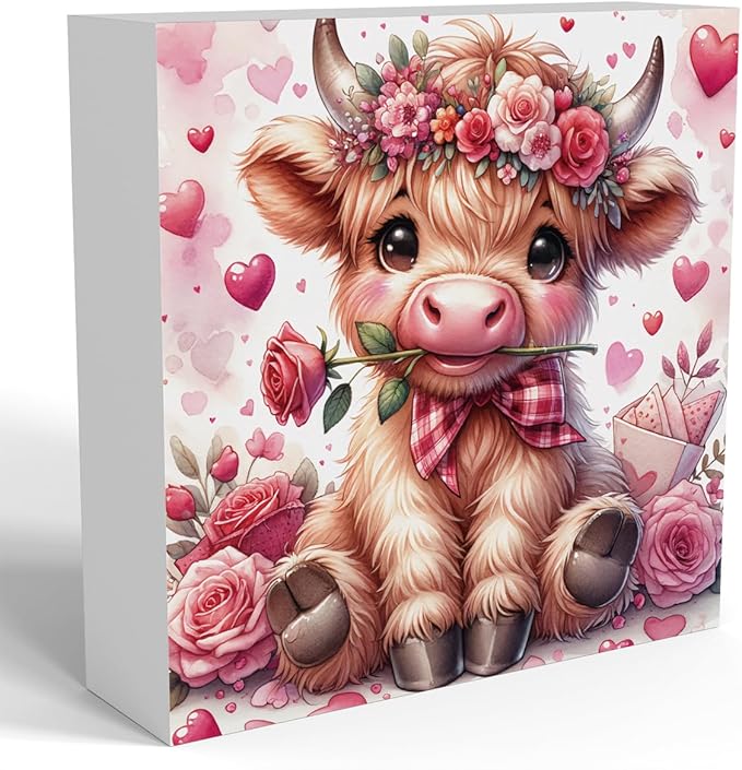 Valentines Day Decorations, Valentines Decor, Pink Valentine's Table Decor, Highland Cow Valentine's Gifts for Boyfriend Girlfriend, Highland Cow Decoration Gifts, Office Home Wooden Decoration Sign