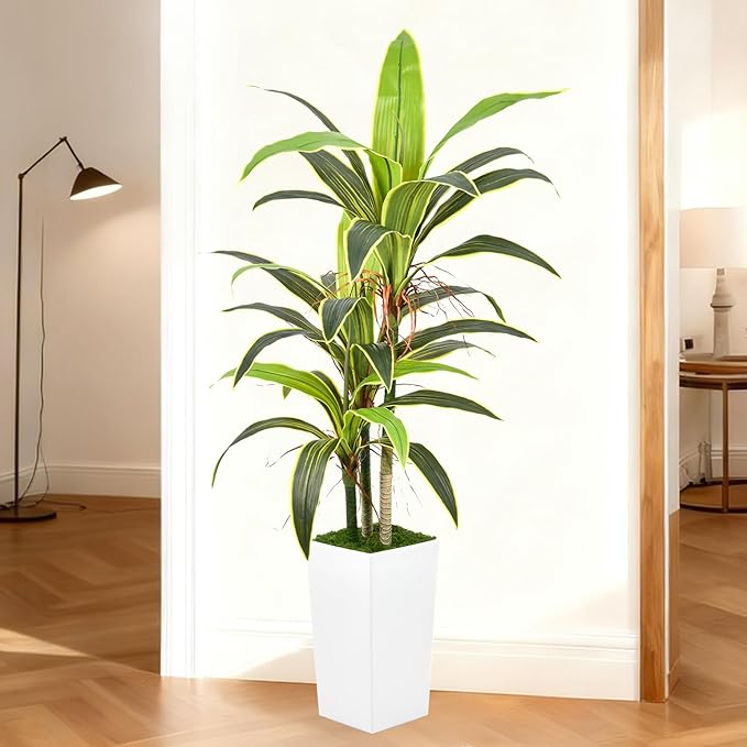 Aritificial Dracaena Tree 5FT with Realistic Trunks and 33 Leaves in Tall White Pot Faux Tropical Yucca Floor Plant for Home Office Decor Indoor Housewarming