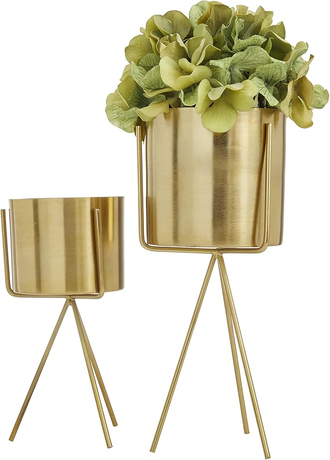 CosmoLiving by Cosmopolitan Metal Indoor Outdoor Planter Small Small Planter Pot with Removable Stand, Set of 2 Planters 12", 9"H, Gold