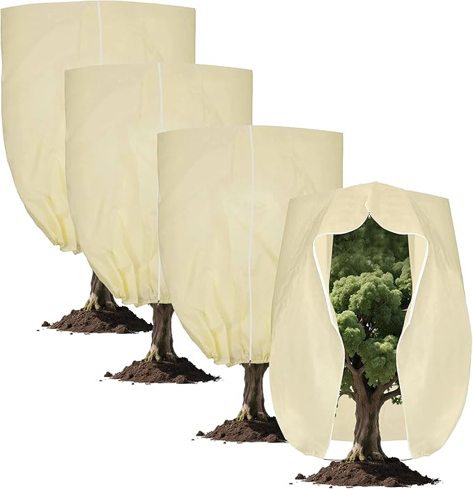 DINGBAI Plant Cover, Plant Protector, 4 Pack 39.3 * 31.8 inch Winter Frost Fabric Blanket, Two-Way with Drawstring for Outdoor Plants, Protects Against Cold Frost and Wind Damage.