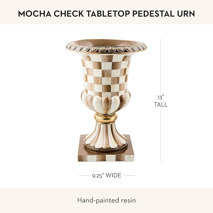 MACKENZIE-CHILDS Tabletop Urn, Decorative Centerpiece for Table, Brown-and-White Mocha Check Pedestal