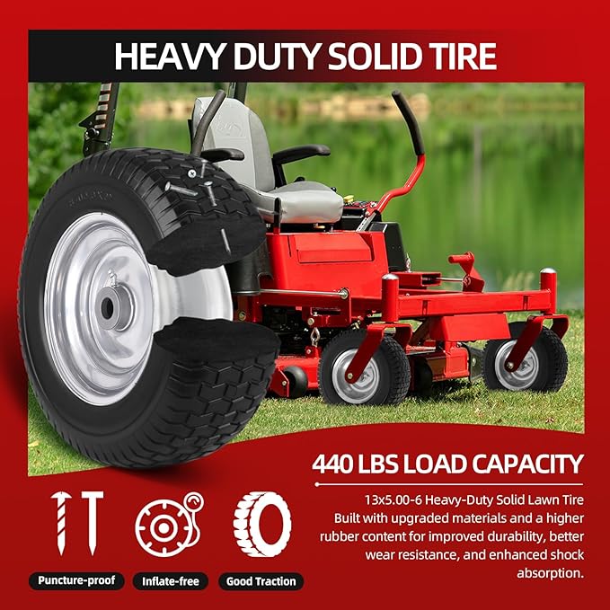 13x5.00-6 Tire and Wheel Flat Free Assemblies (2 Pack),13 x5x6 Solid Rubbe Tires and Wheel for Riding Lawn Mower - With 3/4" Bushings (Extra 5/8" Bushings) and 3" Centered Hub (Gray)