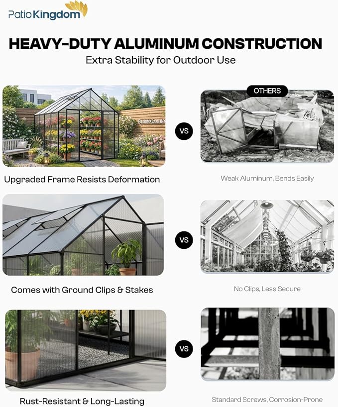 8x12 FT Greenhouse, Outdoor Greenhouse with Aluminum Frame, Polycarbonate Greenhouse for Outdoors with Roof Vent, Walk in Greenhouse for Outside Garden Backyard, Patio, Lawn (Black)