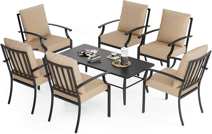 7-Piece Patio Furniture Set, Outdoor Furniture with All-Iron Rectangular Coffee Table and 6 Chairs with Thick Cushions, Metal Patio Table and Chairs Set for lawns, Patios and Backyards,Sand