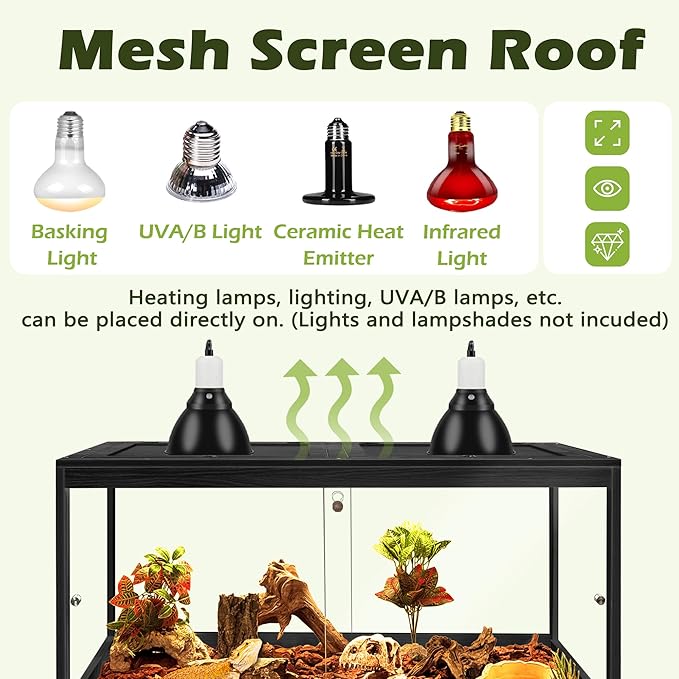 Prolee Tempered Glass Bearded Dragon Tank,Reptile Encloure and Snake Tank with Metal Mesh Roof Door,Locking Design Reptile Tank for Lizard,Gecko,Chameleon (Black, 32 Gallon (32x16x16 Inch))