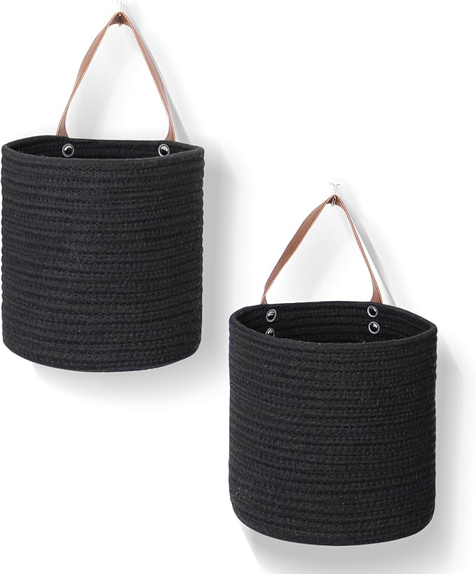 2 Pack Hanging Basket, Small Wall Baskets for Organizing, Wicker Boho Wall Decor Set, Indoor Hanging Plant Holder, Rattan Woven Storage Bin for Home Decor, Farmhouse Storage Box, Black