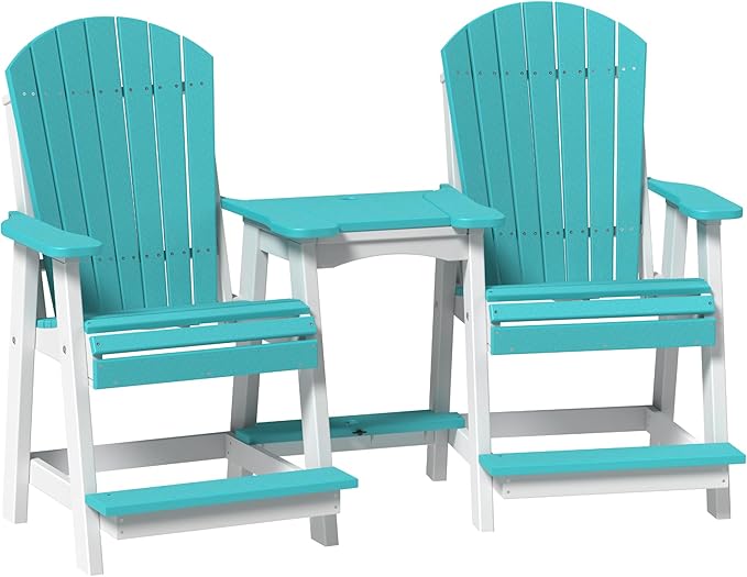 LuxCraft Poly Tete-a-Tete Patio Table and Counter Height Balcony Chairs with Umbrella Hole, Weatherproof Outdoor Patio Furniture Set for Outside - Amish Made in USA (Aruba Blue & White)