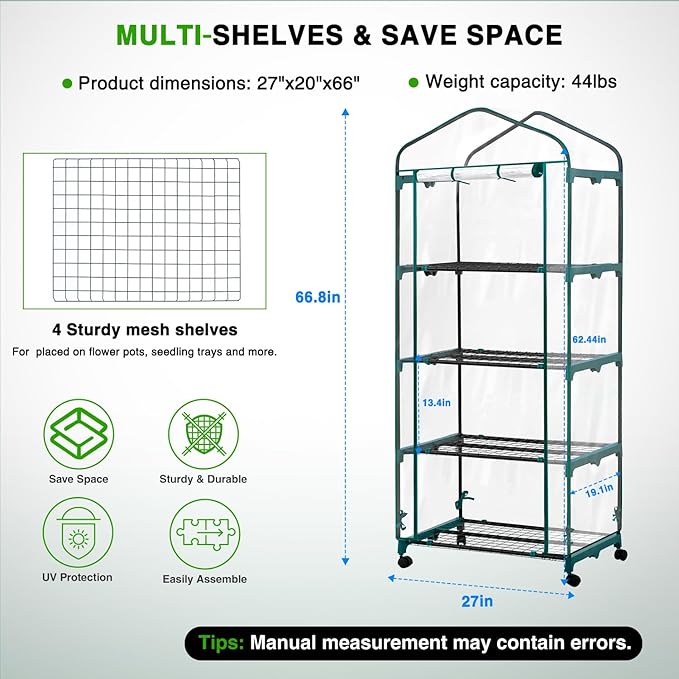 Yesker Mini Greenhouse 27"x20"x63" Portable Indoor /Outdoor Small Green House with 4 Tier 4 Shelves Wheels Transparent PVC Cover Compact Greenhouse Kit for Winter Gardening Balcony Patio Backyard