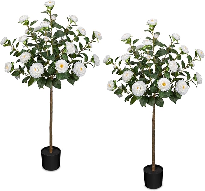 4ft Artificial Camellia Tree Fake Camellia Plant with White Flowers Faux Floral Plant Blooming Tree in Black Pot for Indoor Outdoor Office Home Front Door Porch Decor (2 Pack - White)