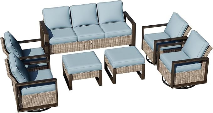 Outdoor Patio Swivel Rocker Chairs, 7 Pieces Wicker Furniture Set, 4 Swivel Rocking Chairs, 1 Sofa and 2 Ottoman, Metal Wide Armrest, Thick Cushions and Deep Seating for Garden, Backyard, Porch, Deck