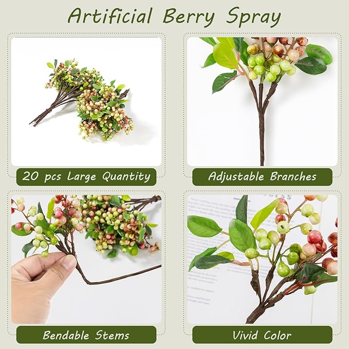 SHACOS Artificial Pink Berry Stems 20 PCS Fake Berries Branches Spray with Green Leaves 9.8 inch Small Berry Picks for Christmas Decorations Crafts Filler Holiday Home Decor, Pink