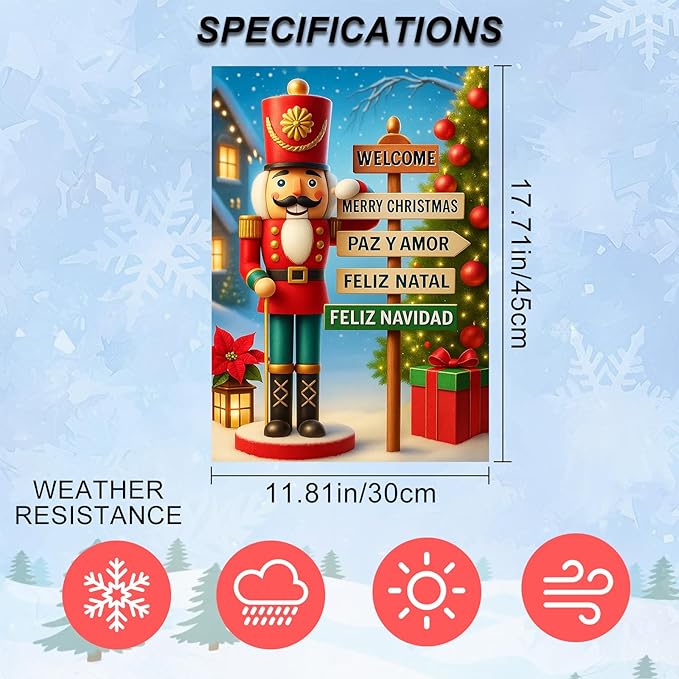 IVN Christmas Garden Flag 12x18 Inch Double Sided Nutcracker with Multilingual Holiday Sign Outdoor Yard Flag for Outside Home Front Door Lawn Porch Patio Welcome Decor
