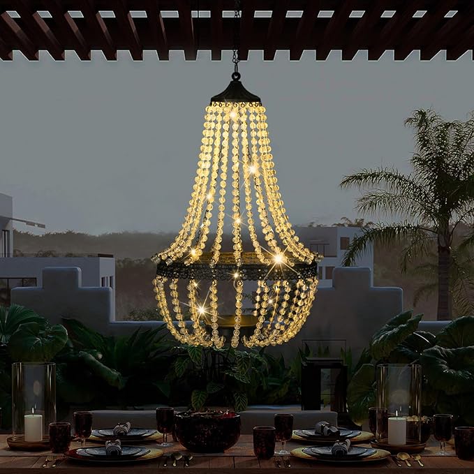 Hanging Solar Lantern Outdoor, 28” Modern Clear Crystal Acrylic Chandelier with 30 Warm White Lights S Hook for Garden, Yard, Patio, Gazebo Decorations
