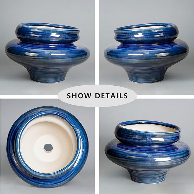 Teagas Ceramic Pots for Plants - 11 Inch Ceramic Planter for Indoor Outdoor, Unique Planters with Drainage Hole, Decorative Flower Pot, House Office Garden Decor, Plants Lover Gifts, Blue