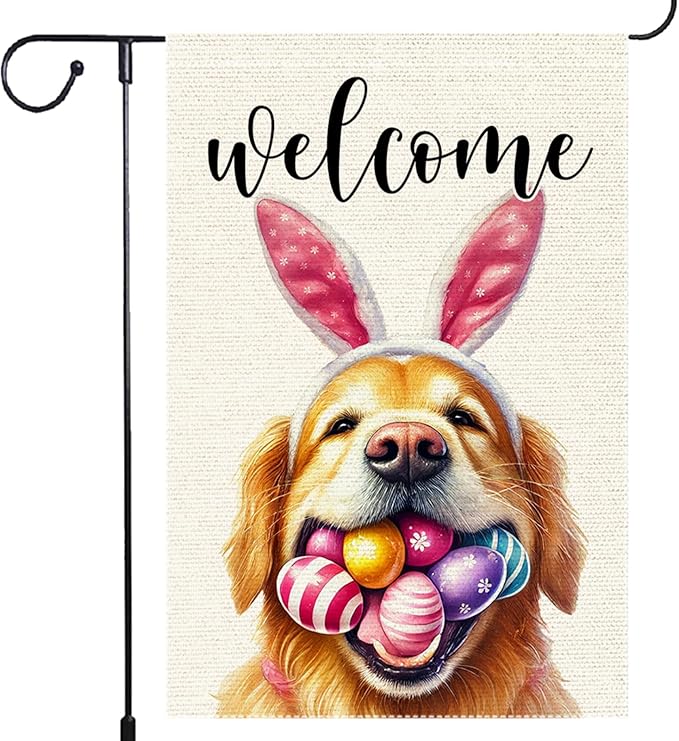 Welcome Easter Garden Flag Dog Spring Seasonal Eggs Sign Yard Holiday Outdoor 12x18 Inch Small Burlap Double Sided flags Decorations