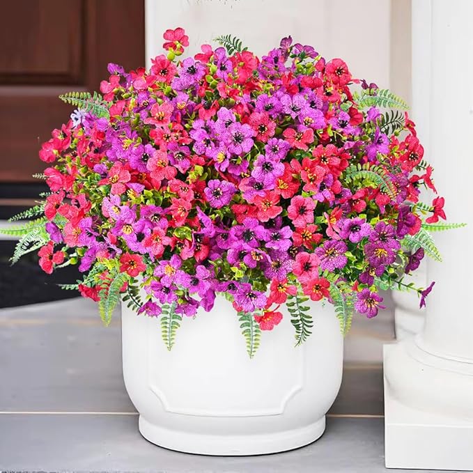 Pinenoya Artificial Faux Plants Flowers Outdoor Decoration,16 Bundles Fake Silk Colorful Daisy Eucalyptus Realistic UV Resistant for Outside Home Planter Porch Patio Yard Decor (Purple Red)