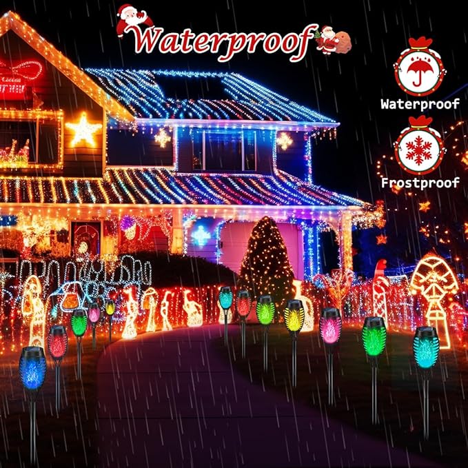 IkeeRuic 12Pack Christmas Yard Decorations, Multicolor Christmas Solar Lights for Outside Decor, LED Solar Flame Lights Outdoor for Xmas Decor, Waterproof Luces Solares for Yard Patio Garden Pathway