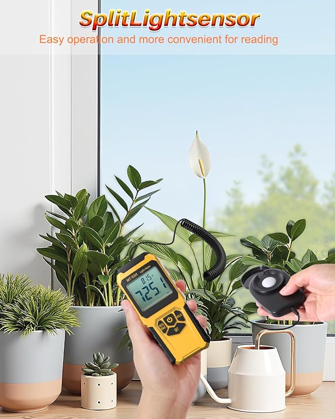 URCERI MT-92H Light Meter with Split Sensor Lux/Foot Candles Meter 500ms Refresh Rates Range up to 200,000 Lux Switchable Backlight Temperature Measurer 14℉-140℉
