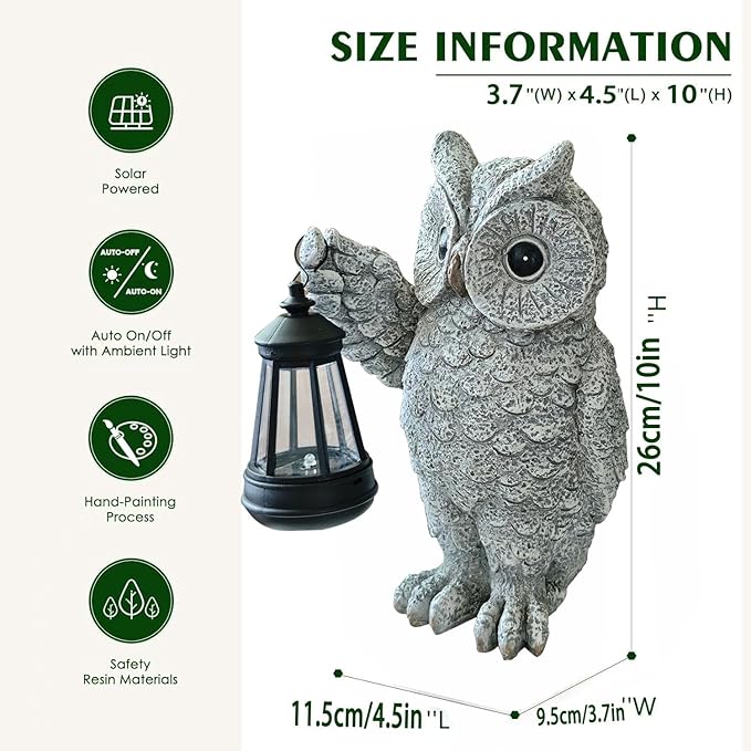 GUANFU Garden Statues, owl Outdoor Figurines Decorated with Solar Lights, Unique Christmas Birthday Gifts for Moms, Grandmas, Women, Wives, Sisters (Grey Owl1)