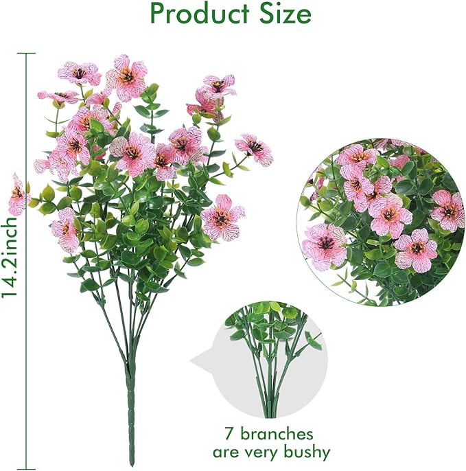 XEOLIAN 12 Bundles Artificial Flowers Outdoor UV Resistant Fake Plastic Plants Indoor Outside Hanging Plants Garden Porch Window Box Home Wedding Farmhouse Festive Shrub Decor (Pink)