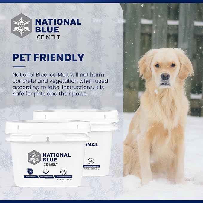 National Blue Ice Melt and Snow Salt 20lb Bucket - Fast Acting Ice Melter - Pet, Plant and Concrete Friendly, Environmentally Safe - Free of Magnesium Chloride - Melts to -15°F