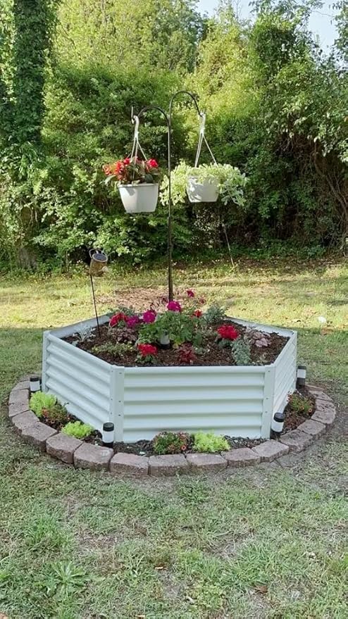 A ANLEOLIFE 3 Set Hexagon Galvanized Raised Garden Beds Outdoor,70x60x18in Metal Planter Box for Planting Vegetables Flowers Herb, Anti-Rust & Easy-Setup, Antique White