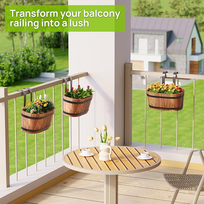 Wooden Hanging Planter for Railing Fence Outdoor Planter Railing Planter Boxes for Plants Wall Planters Window Flower Box Hanging Bucket Pots Countryside Plant Holder (Brown,1pcs,Small)