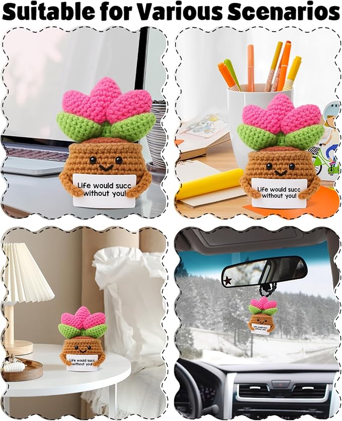 WEZADUK Positive Emotional Support Crochet Plants, Funny Succulent Gifts for Women Men Plant Lovers, Birthday Gift Ideas, Mini Handmade Crochet Succulent Decor