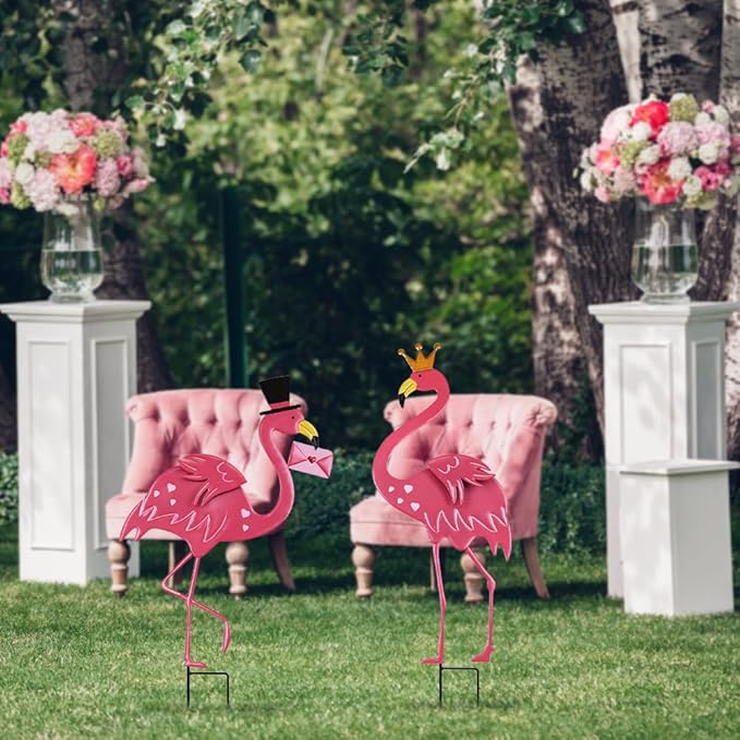 hogardeck Valentines Day Decorations Outdoor, 2 Pcs 31" Metal Flamingos Decorative Garden Stakes for Valentines Day Decor, Yard Sign for Home Outside Lawn Porch Anniversary Wedding Party